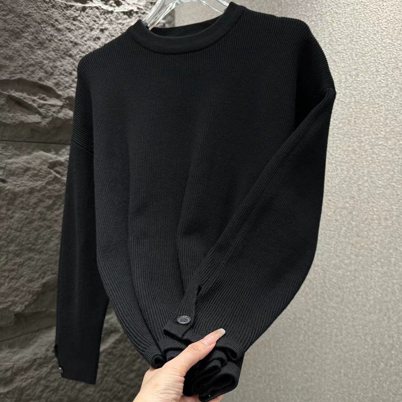 韩版宽松慵懒感毛衣设计感手袖纽扣秋冬季男士针织衫长袖黑色外套