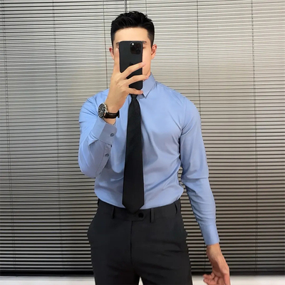 蓝色正装通勤男士衬衫修身长袖商务高端英伦雅痞男装免熨烫内搭衬