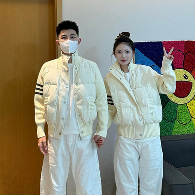 三条杠撞色针织拼接羽绒棉服男