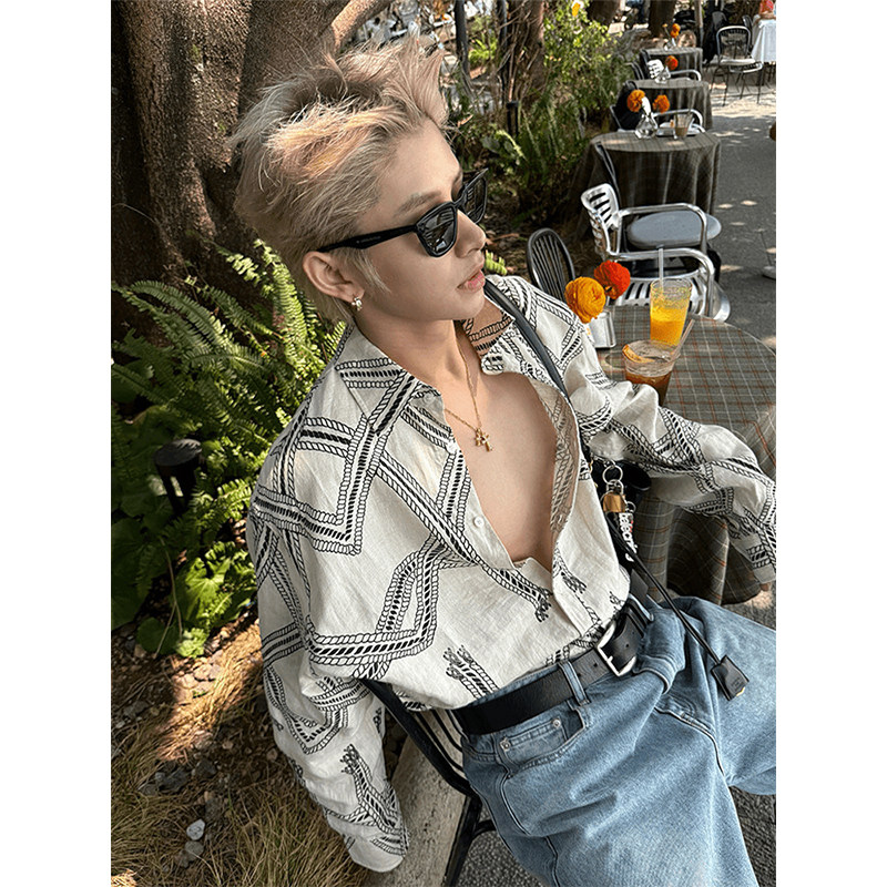 老钱风复古绳索印花长袖衬衫男高级感痞帅夏季冰丝凉感防晒衬衣潮