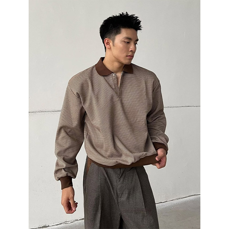 千鸟格撞色衬衫领卫衣男打底衫