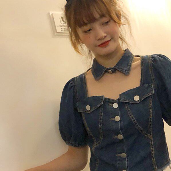 橘子酱yo夏季短袖新款方领小众显瘦牛仔衬衣女泡泡袖感上衣女在类目 女装/女士精品, 衬衫中 - 来自Buy2taobao.com提供专业的淘宝代购服务