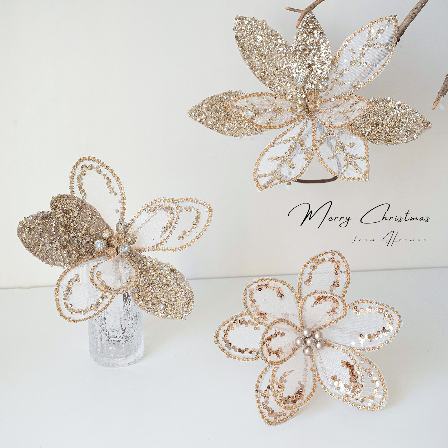 Hromeo高档香槟色网纱圣诞花