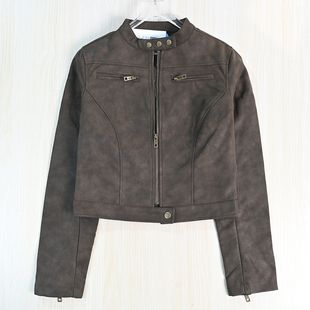 修身 思琪女装 欧美风复古机车风软PU皮立领短款 夹克皮衣 263