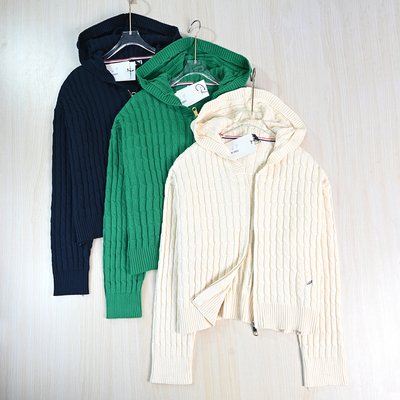 棉线绞花连帽拉链长袖针织开衫