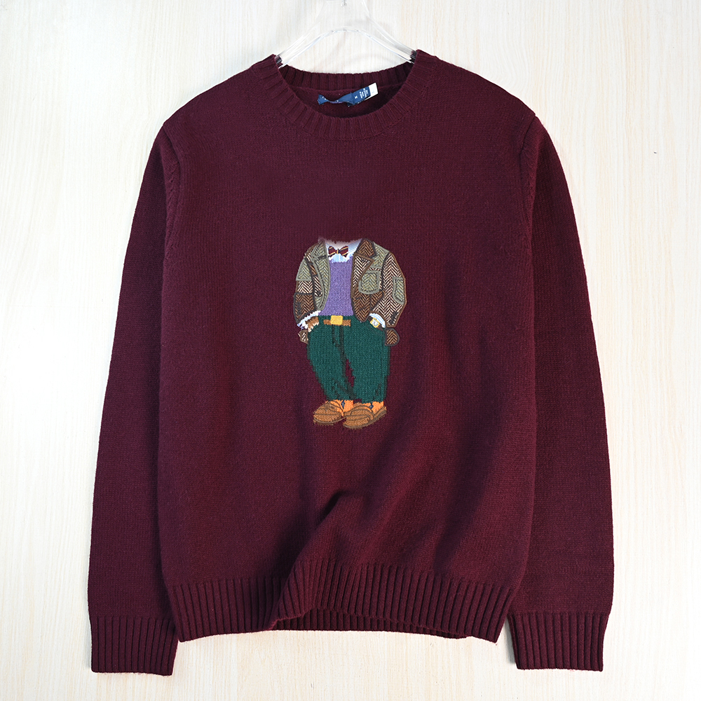 卡通熊粗针羊毛圆领宽松休闲毛衣