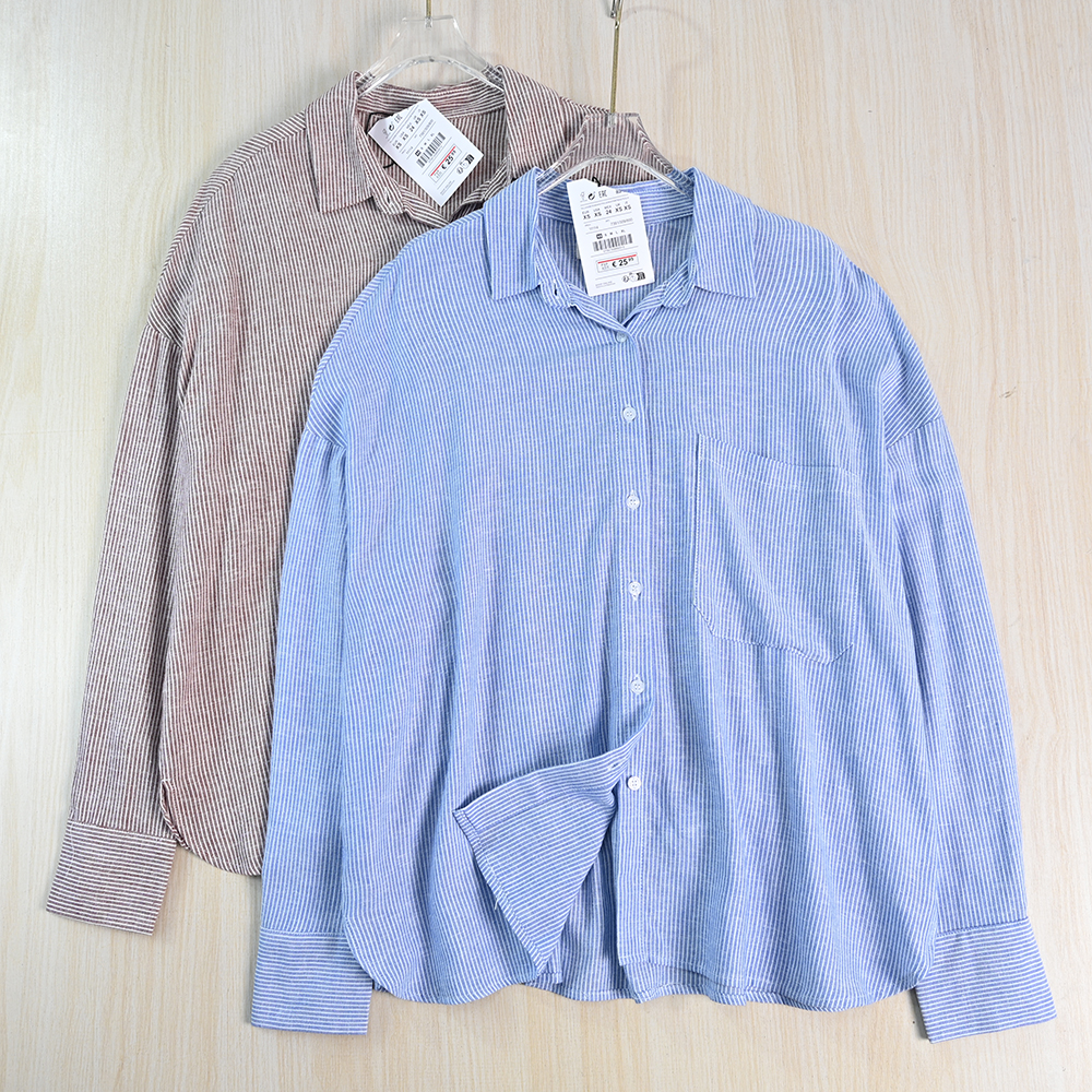 亚麻细条纹宽松休闲落肩长袖衬衫