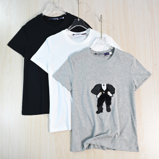 短袖 16美国单软皮植绒卡通熊刺绣字母圆领修身 T恤 263 思琪女装