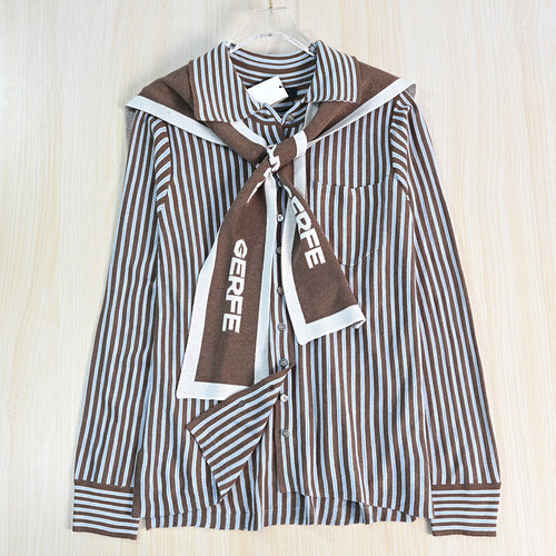 毛织撞色条纹配披肩长袖针织衬衫