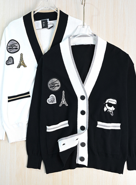 思琪女装261/19  美系K尔棉线贴布撞色V领系扣休闲长袖针织开衫