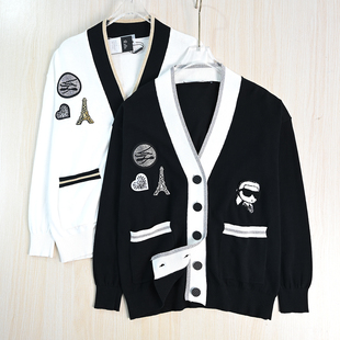 针织开衫 思琪女装 美系K尔棉线贴布撞色V领系扣休闲长袖 261