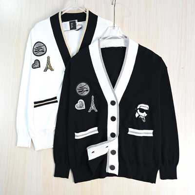 棉线撞色V领休闲长袖针织开衫