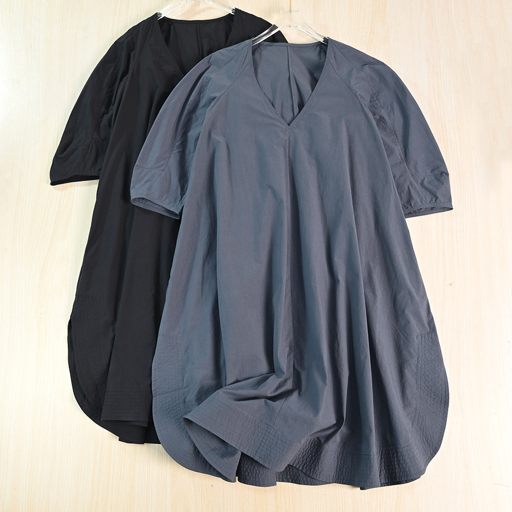 思琪女装265/21 优雅轮廓型纯棉V领宽松休闲七分袖连衣裙