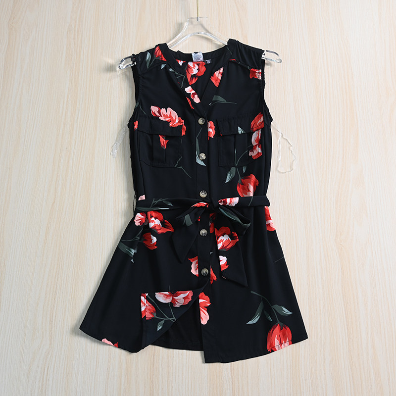 思琪女装 欧美单 经典黑色花纹拼接v领系扣系带收腰无袖雪纺衫