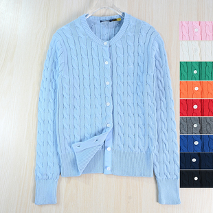 美国单刺绣棉线粗针绞花圆领系扣长袖 开身毛衣 2510 思琪女装