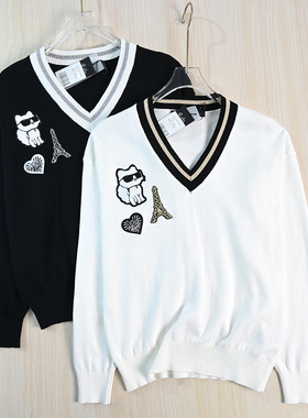 思琪女装2512/25  美系K尔软和棉线刺绣贴布撞色领修身长袖针织衫