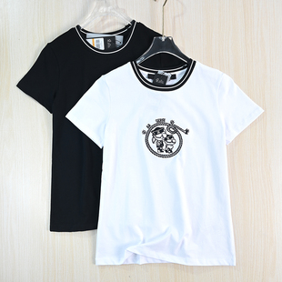 T恤 23美系K尔刺绣卡通图案撞色圆领休闲短袖 思琪女装 263