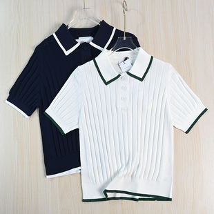思琪女装261/22法国单气质撞色边Polo领短款休闲短袖针织衫