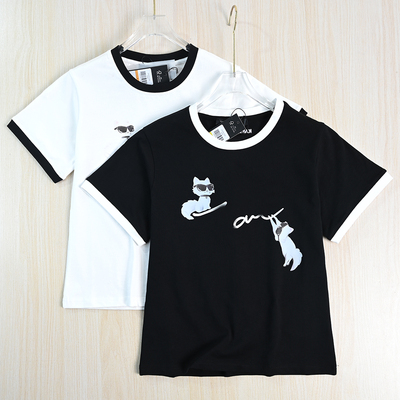 棉刺绣撞色圆领修身短款短袖T恤