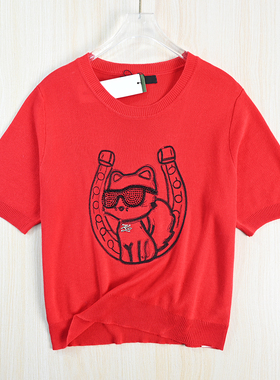 思琪女装  262/7 美系K尔薄毛线卡通刺绣吊坠圆领休闲短袖针织衫