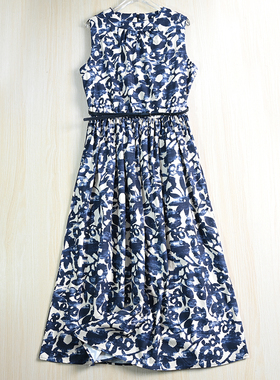 思琪女装 255/12气质印花棉质中长款修身无袖连衣裙送皮质腰带