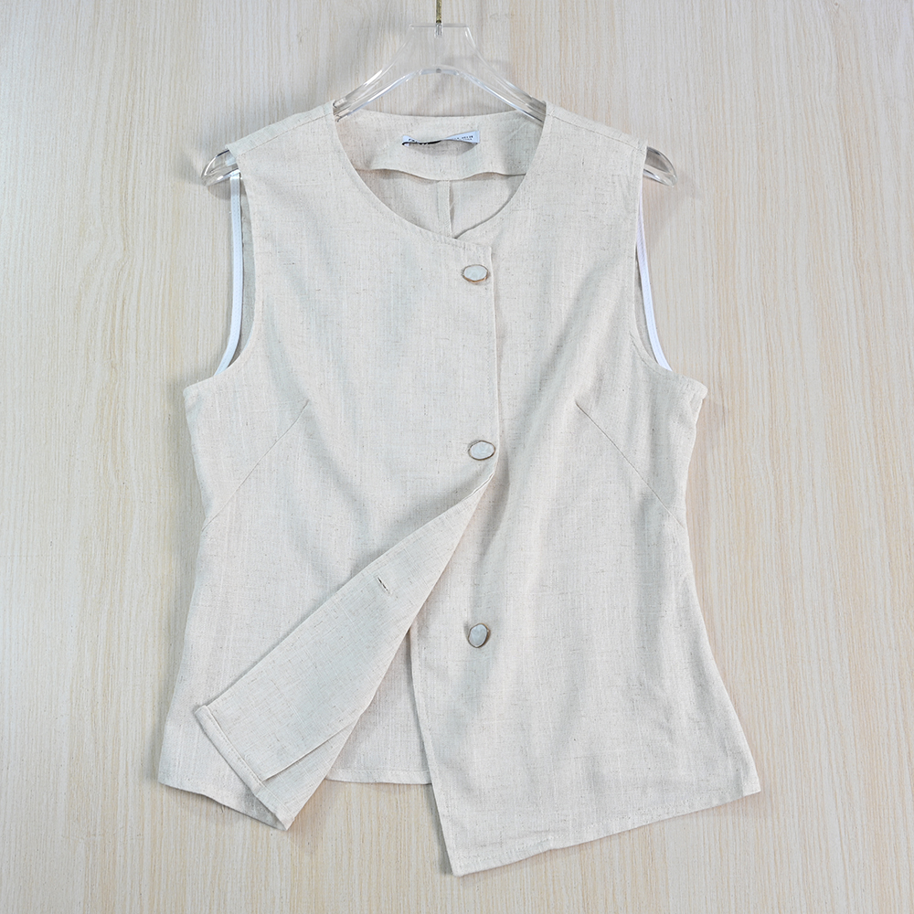 薄款亚麻圆领单排扣修身休闲马夹