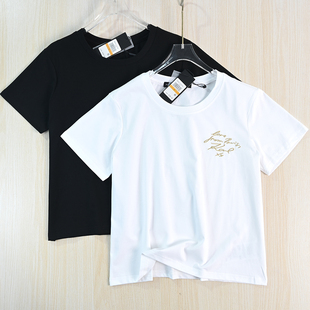 短袖 思琪女装 舒适棉质刺绣草字母圆领休闲短款 T恤 263