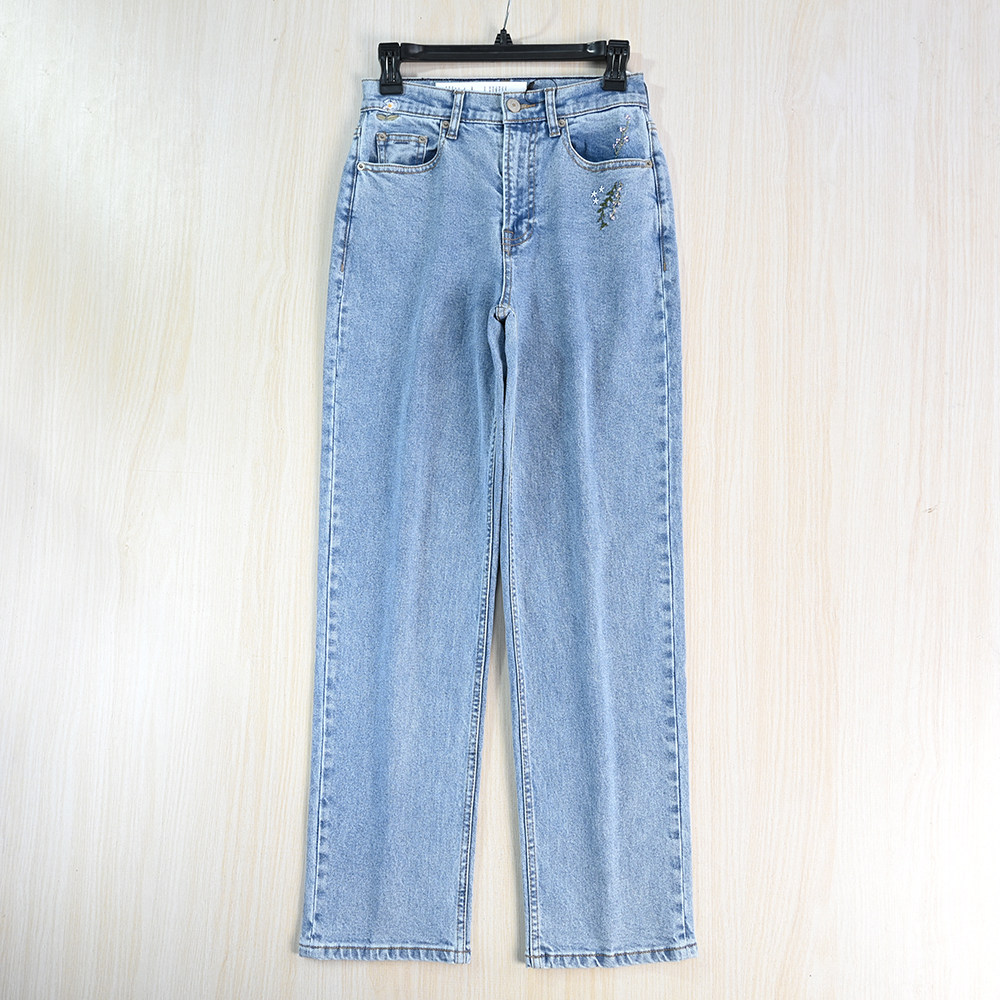 思琪女装 262/2 美汤系刺绣水洗棉弹力高腰修身直筒牛仔长裤