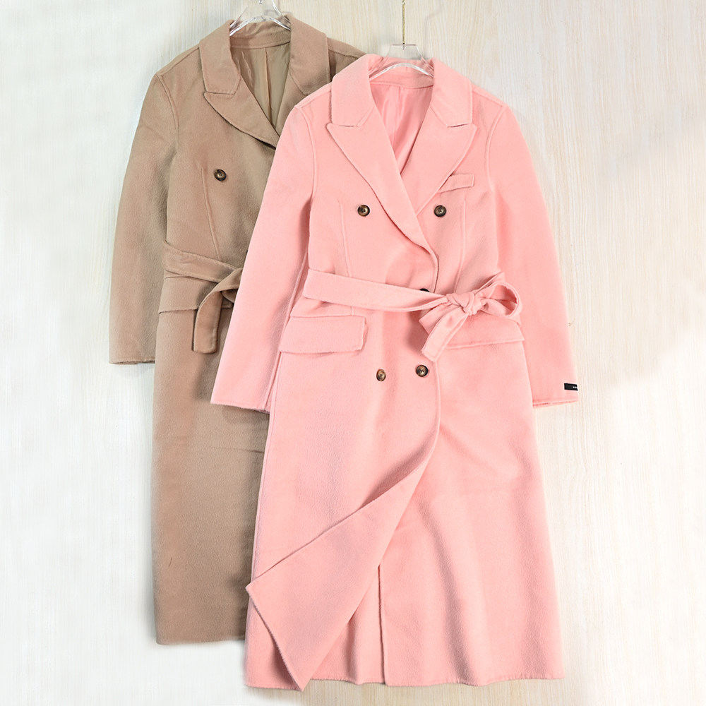 思琪女装261/19 韩系气质双面呢双排扣西装领中长款毛呢大衣外套