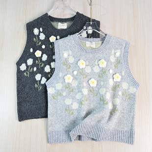 针织背心 27软糯拉绒提花立体花朵圆领无袖 思琪女装 2510