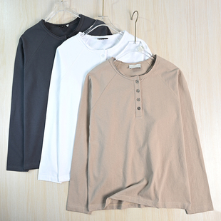 高克重棉质毛边亨利领宽松休闲插肩长袖 T恤 261 思琪女装