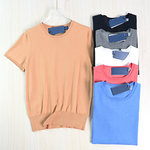 思琪女装261/26 美国单刺绣通勤棉线圆领螺纹摆休闲短袖针织衫