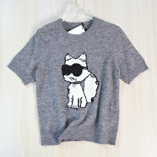 思琪女装 262/6 美系K尔毛线卡通亮片吊坠圆领休闲短袖针织毛衣