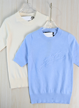 思琪女装261/15 美系K尔软糯植绒字母羊毛混纺修身短袖针织衫