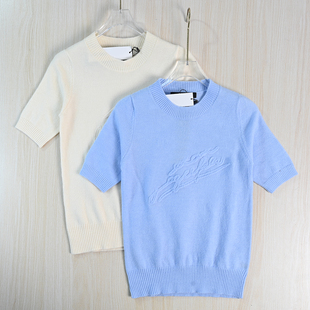 思琪女装261/15 美系K尔软糯植绒字母羊毛混纺修身短袖针织衫