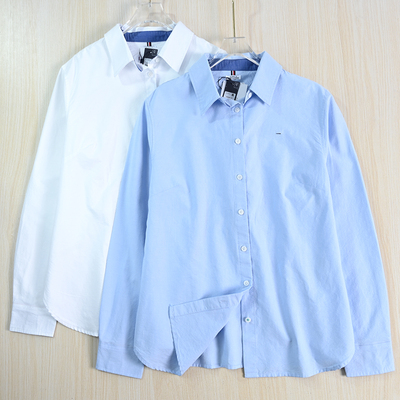 通勤棉质拼色内领修身长袖衬衫