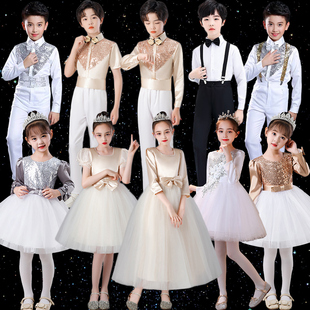 儿童大合唱演出服高端长袖 女童礼服大童初中生长裙朗诵服 男童套装