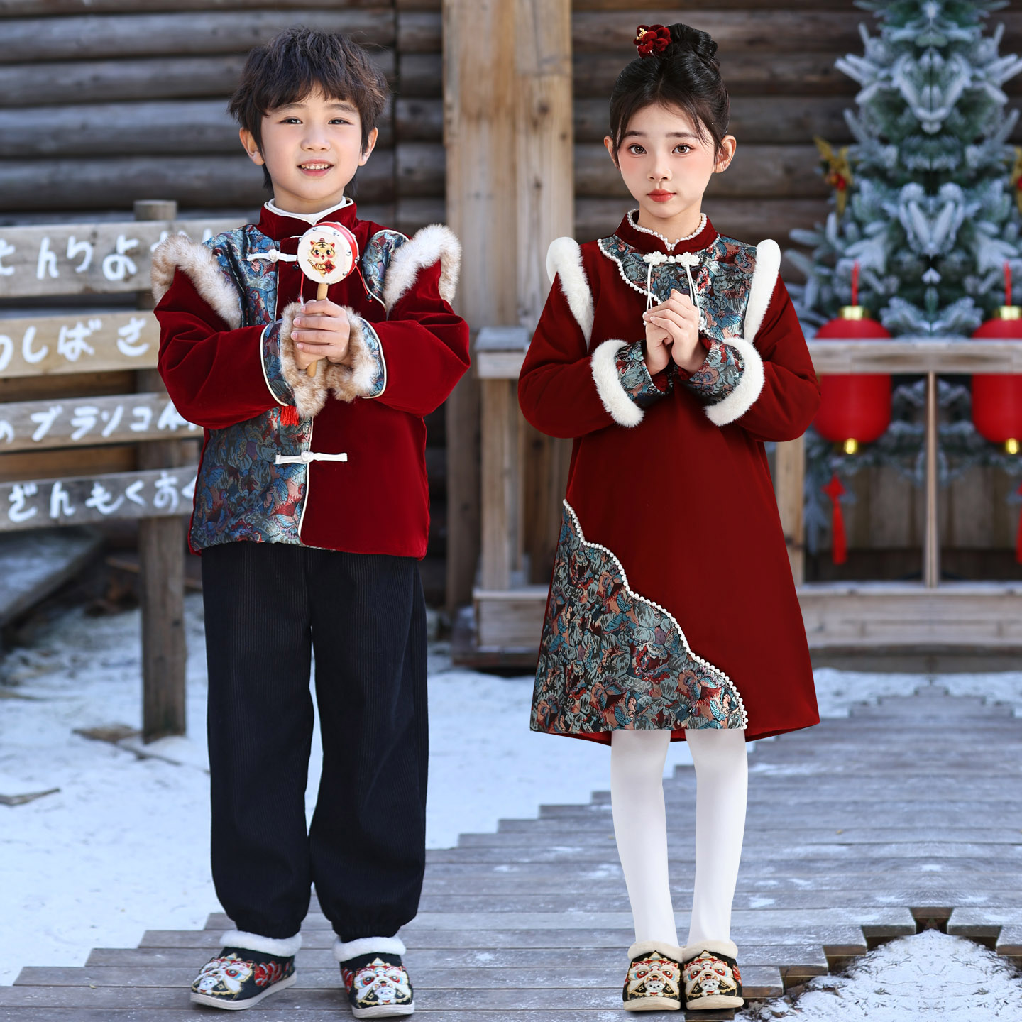 新中式儿童唐装冬季加厚红色拜年服男女童毛领过年连衣裙男童套装