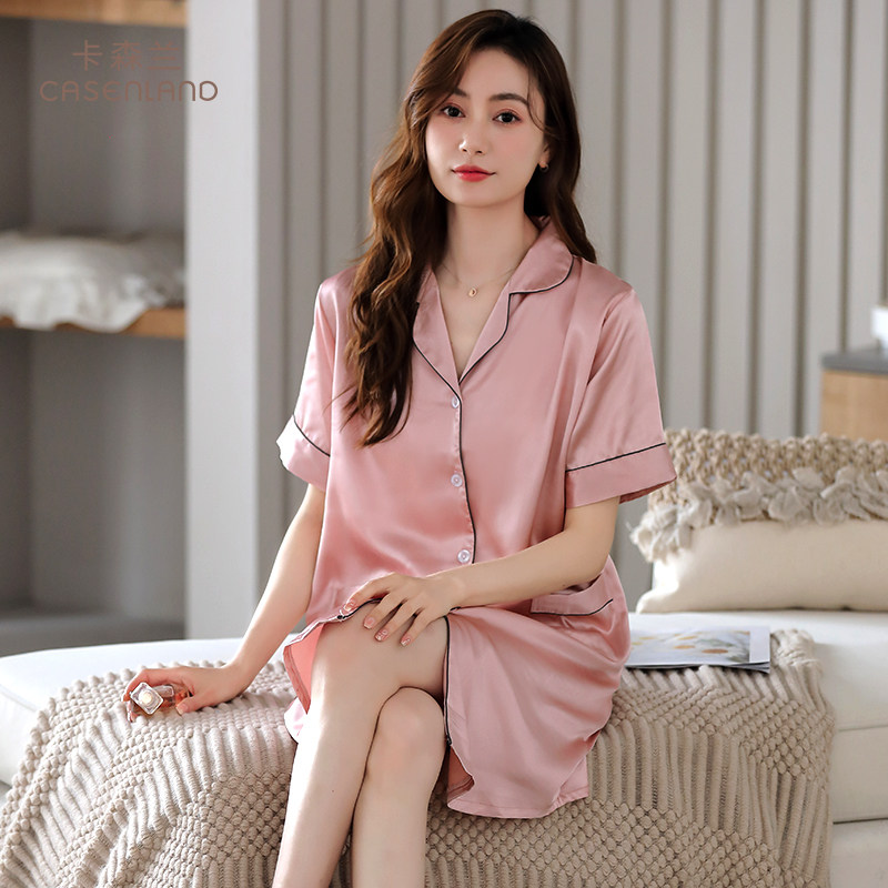 冰丝睡裙女夏季衬衫气质高级感短袖睡衣夏款仿真丝绸纯欲风中裙子
