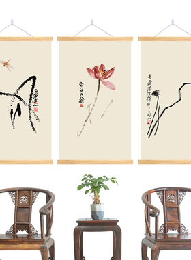 荷花竖版挂画新中式禅意玄关装饰画中国古风过道墙壁画艺术家居