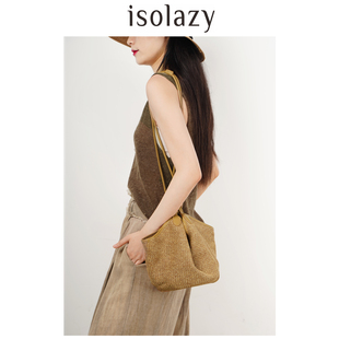 isolazy/小众编织混编大容量单肩包女士休闲托特包斜挎包腋下拼色