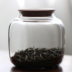 实木盖耐热玻璃茶叶罐 简约陈皮储物罐 透明密封罐咖啡罐糖果罐