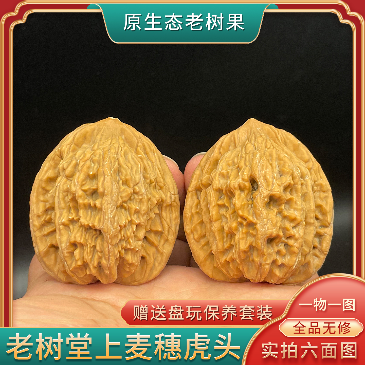老树麦穗虎头堂上虎头一物一图文玩核桃全品无修精品白茬把件礼物