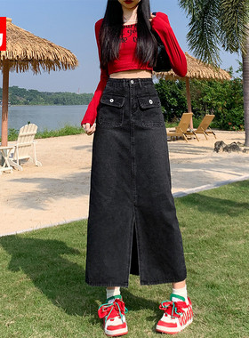 黑色牛仔半身裙女秋冬新款高腰显瘦设计感中长款a字裙开叉包臀裙