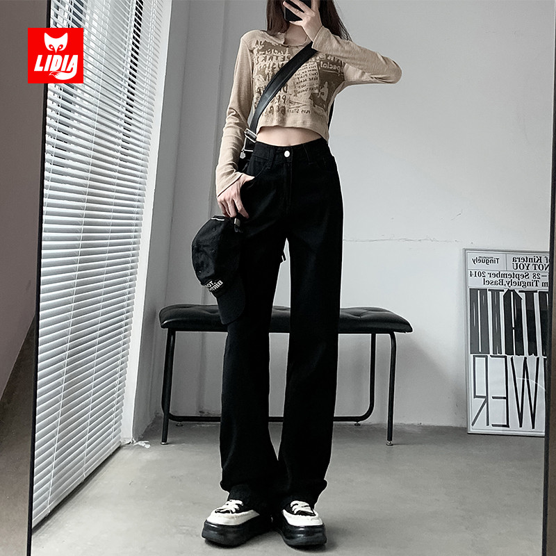 黑色窄版复古阔腿牛仔裤女2024新