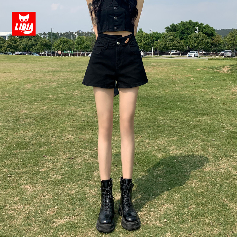 黑色不规则高腰牛仔短裤女