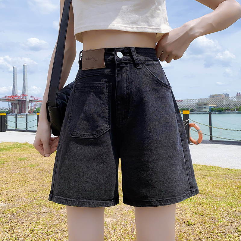 牛仔短裤女2025新款夏季裤子高腰显瘦弹力a字阔腿中裤宽松五分裤