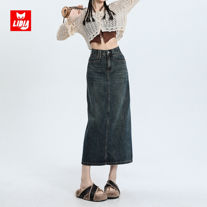 复古蓝中长款牛仔半身裙女2025春夏季新款气质高腰包臀裙a字裙子