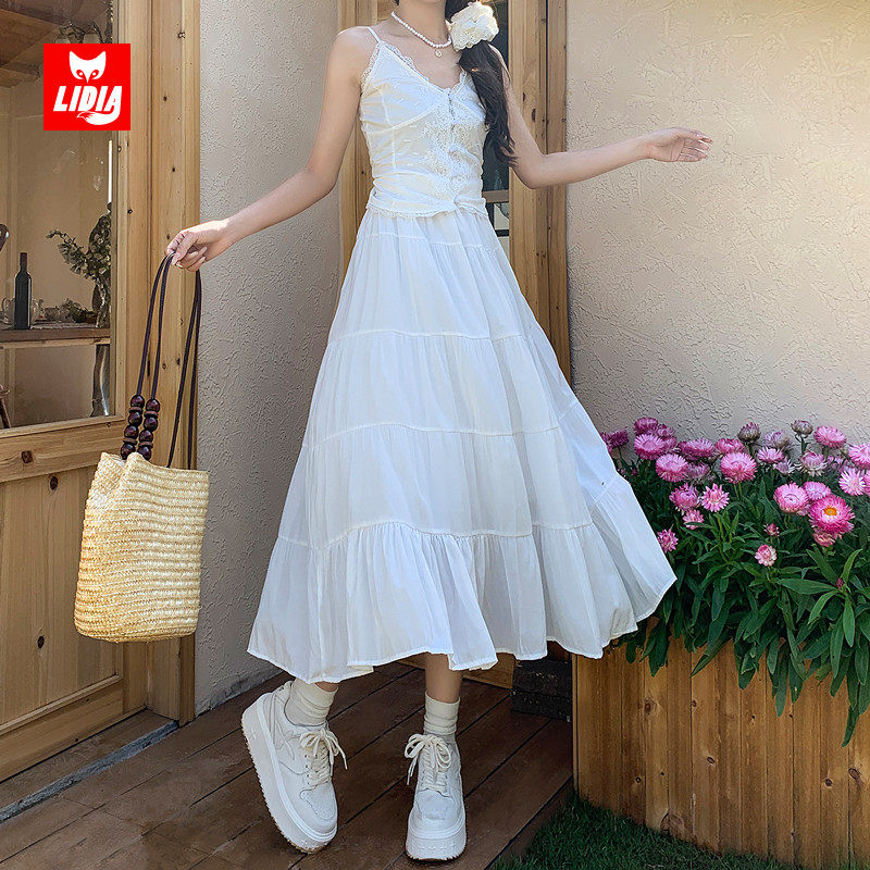 白色高腰蓬蓬半身裙女秋季蛋糕裙半裙伞裙大摆a字中长款长裙裙子