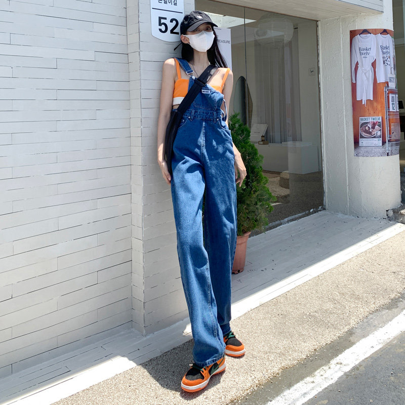 蓝色牛仔背带裤女秋季薄款2024时尚新款宽松直筒连体拖地阔腿长裤